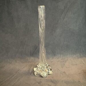 Vintage Clear Twisted‎ Glass Bud Vase 11" Tall Pulled Petal Base MCM Art Glass
